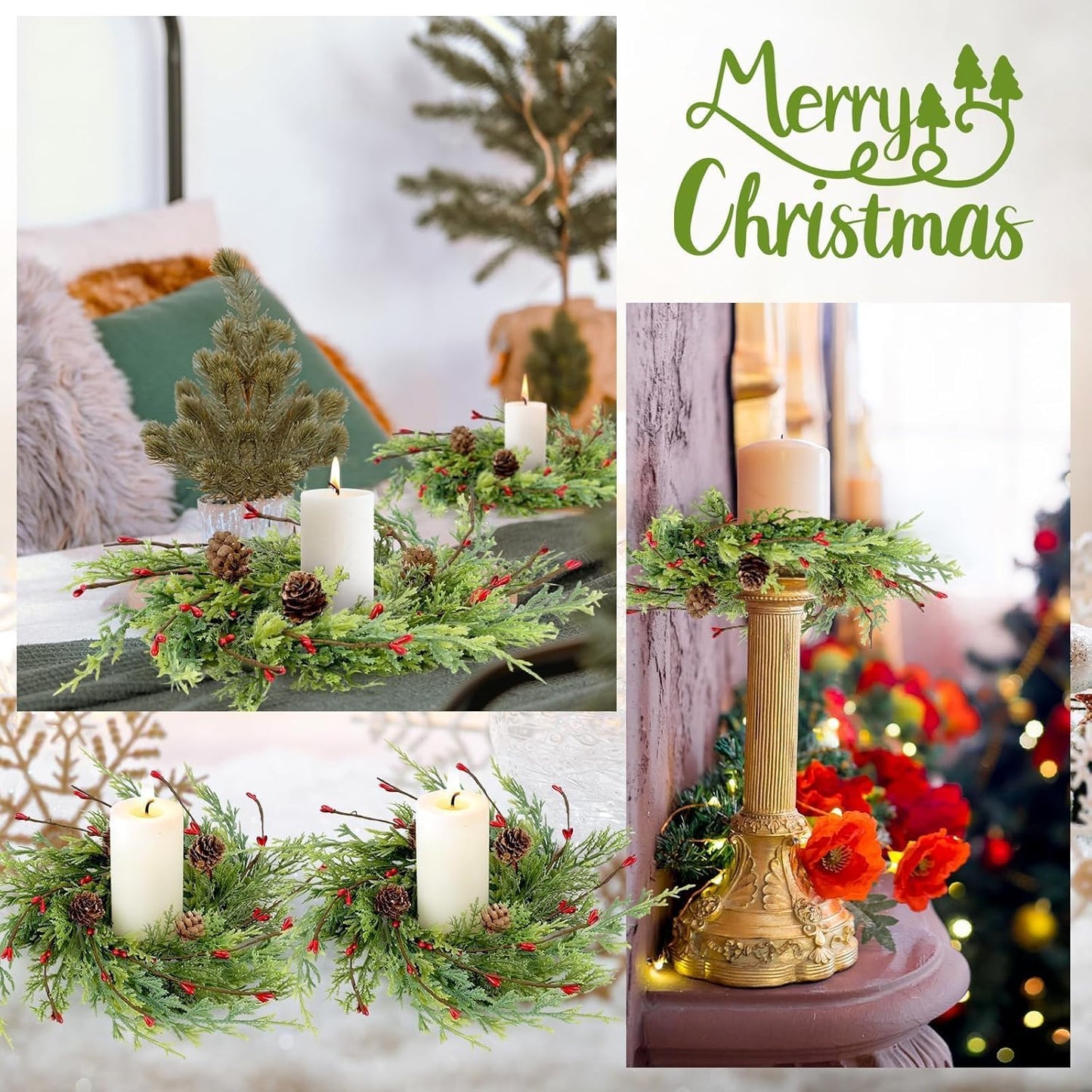 Skiennix 8 Pcs Artificial Christmas Candle Rings - 9 Inch Cedar Pine Garland Wreaths with Red Berries & Pinecones for Winter Table Centerpiece
