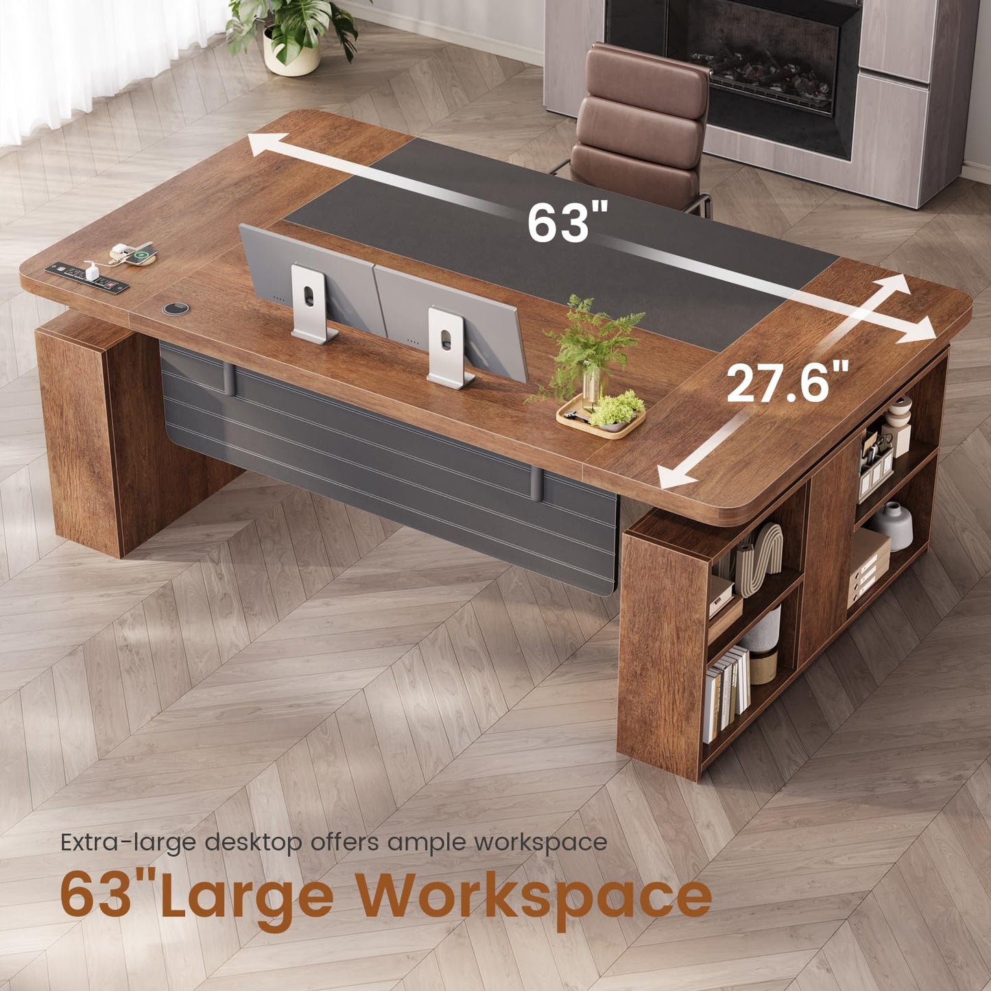 SEDETA 63" Executive Standing Desk with Storage, Executive Height Adjustable Desk with Power Outlets, Large Computer Office Desk with Privacy Panel for Home Office, Warm Golden Brown