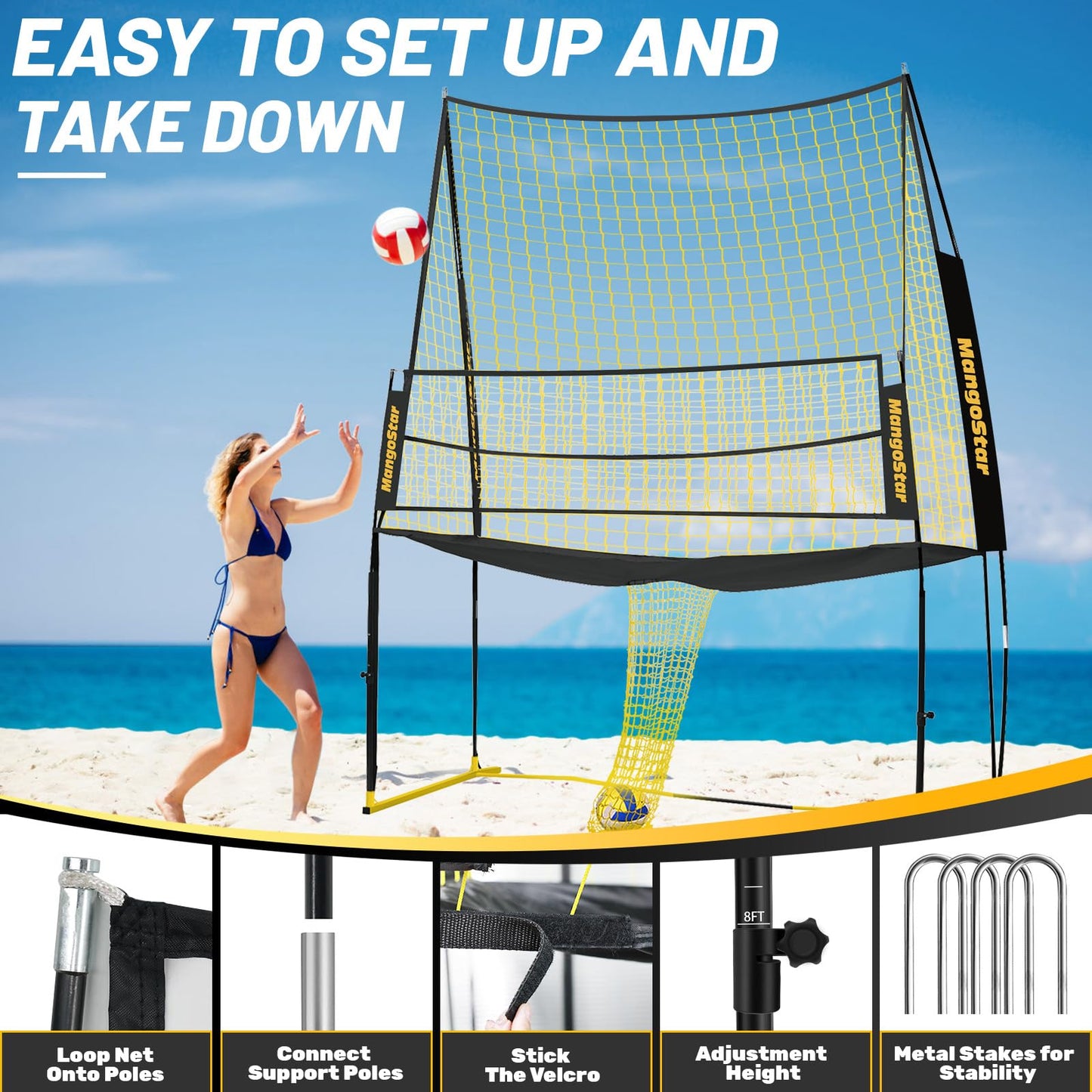 MangoStar Volleyball Training Equipment, Volleyball Net System with Freely Height-Adjustable for Backyard, Volleyball Practice Net for Serving Setting Spiking, Easy Set Up for Indoor and Outdoor Use