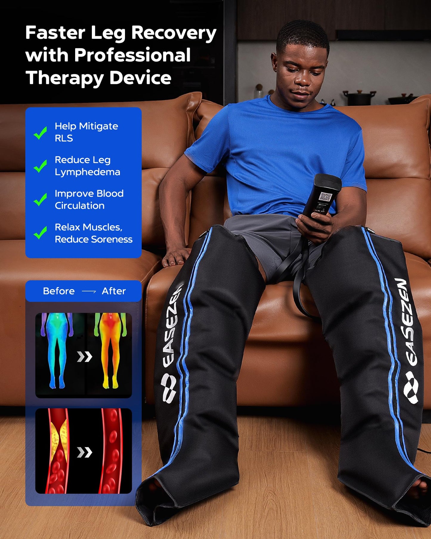 EaseZen Leg Compression Massager for Circulation and Pain Relief, Leg Recovery Compression System for Fast Recovery of Foot, Calf and Thigh, Relieve Edema, Reduce Muscle Fatigue