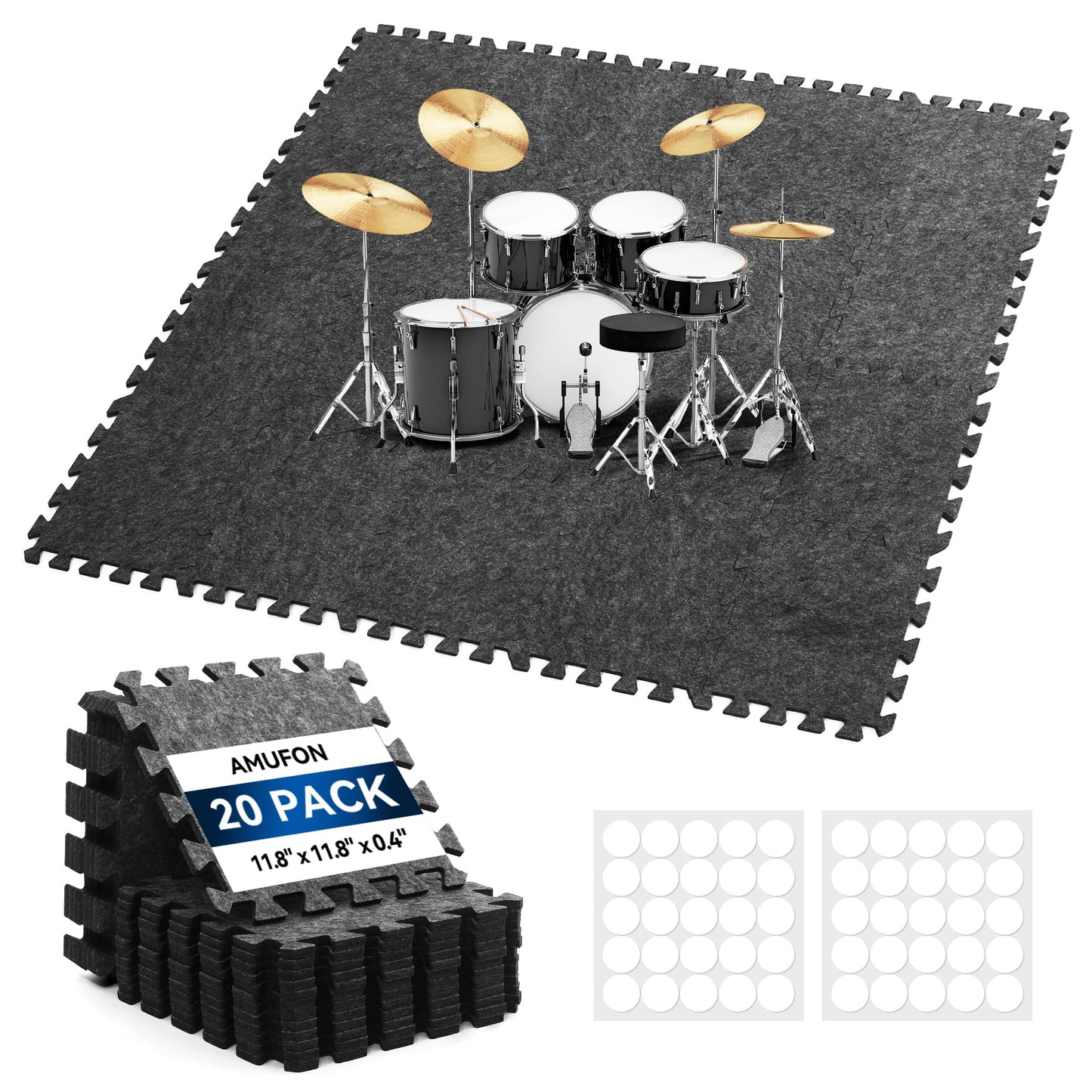 20 Pcs Interlocking Sound Absorbing Floor Mats, 11" x 11" x 0.4" High Density Anti Vibration Noise Reduction Pads, Non-Slip Felt Puzzle Mats for Drum, Piano, Music Studio, Home Gym
