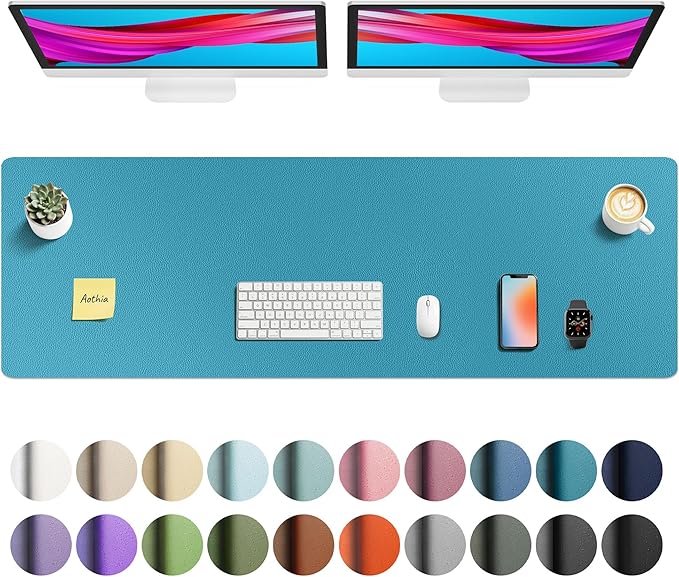 Aothia Faux Leather Desk Mat - Non-Slip PU Leather Desk Blotter, Waterproof Writing Surface, Large Desk Pad for Office & Home (Turquoise, 55" x 17")