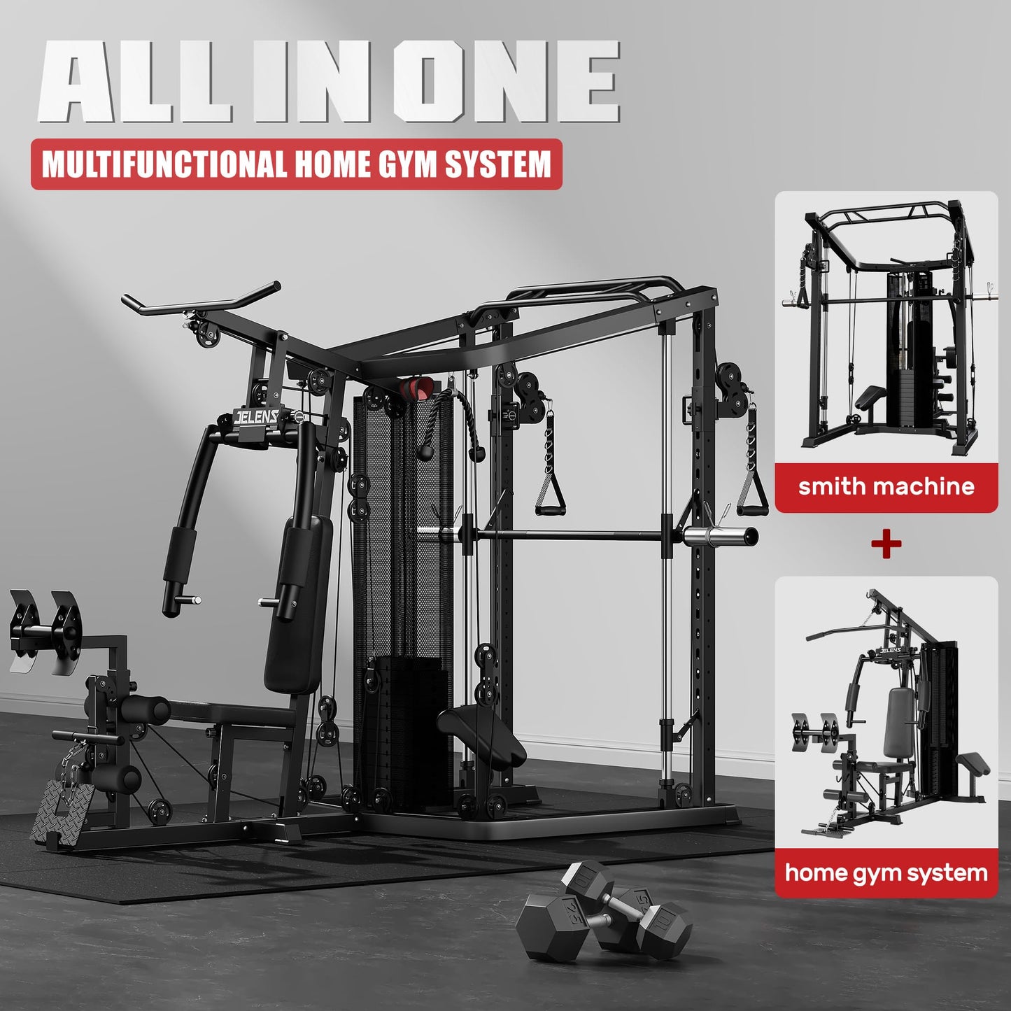 JELENS Home Gym System, 150LB Weight Stack Smith Machine with LAT Pull-Down & Leg Press, All-in-One Strength Training Equipment, Workout Station for Workout (Black, 190LBS Black Weights Package)
