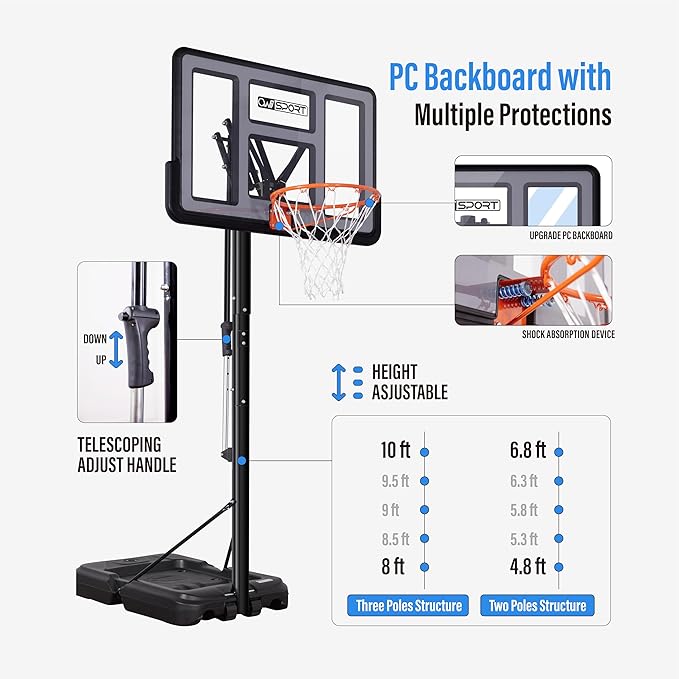 Portable Basketball Hoop Outdoor, 4.8-10FT Height Adjustable Basketball Hoop Goal System with 44/48 Inch Impact Backboard and Portable Wheels for Adults
