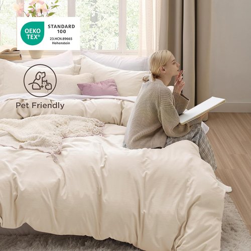 Bedsure Oat Milk Duvet Cover Full Size - 3 Pieces Prewashed Extra Soft Cotton-Like Polyester Bedding Set, Includes 1 Duvet Cover 80x90 Inches with Zipper Closure & 2 Pillow Shams, No Comforter
