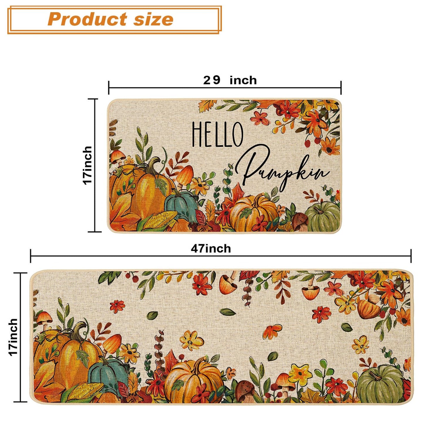 Baccessor Fall Pumpkins Kitchen Rugs Set of 2,Thanksgiving Autumn Pumpkins Floral Leaves Low-Profile Non Slip Absorbent Kitchen Mats for Floor Farmhouse Home Decor 17x29 and 17x47 Inch