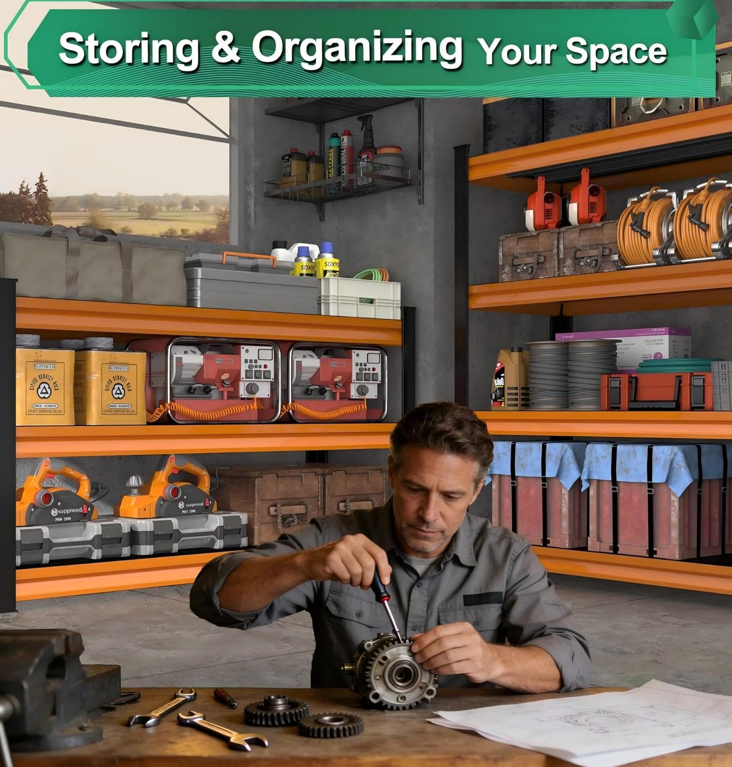 SUPPNEED 48" W Storage Garage Shelving: 1,500Lbs Black & Orange Metal Freestanding Utility Shelves, 3 Tier Adjustable Heavy Duty Rack Units 48" W x 18" D x 39" H
