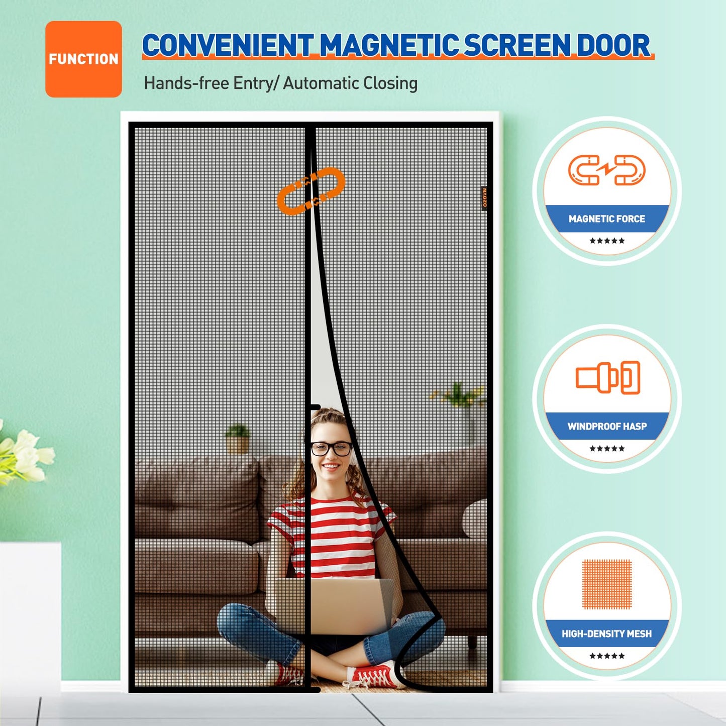 MAGZO Magnetic Screen Door Fit Door Size 72 x 80 Inch, Screen Size 74" x 81" French Door Screen with Full Frame Hook&Loop Black