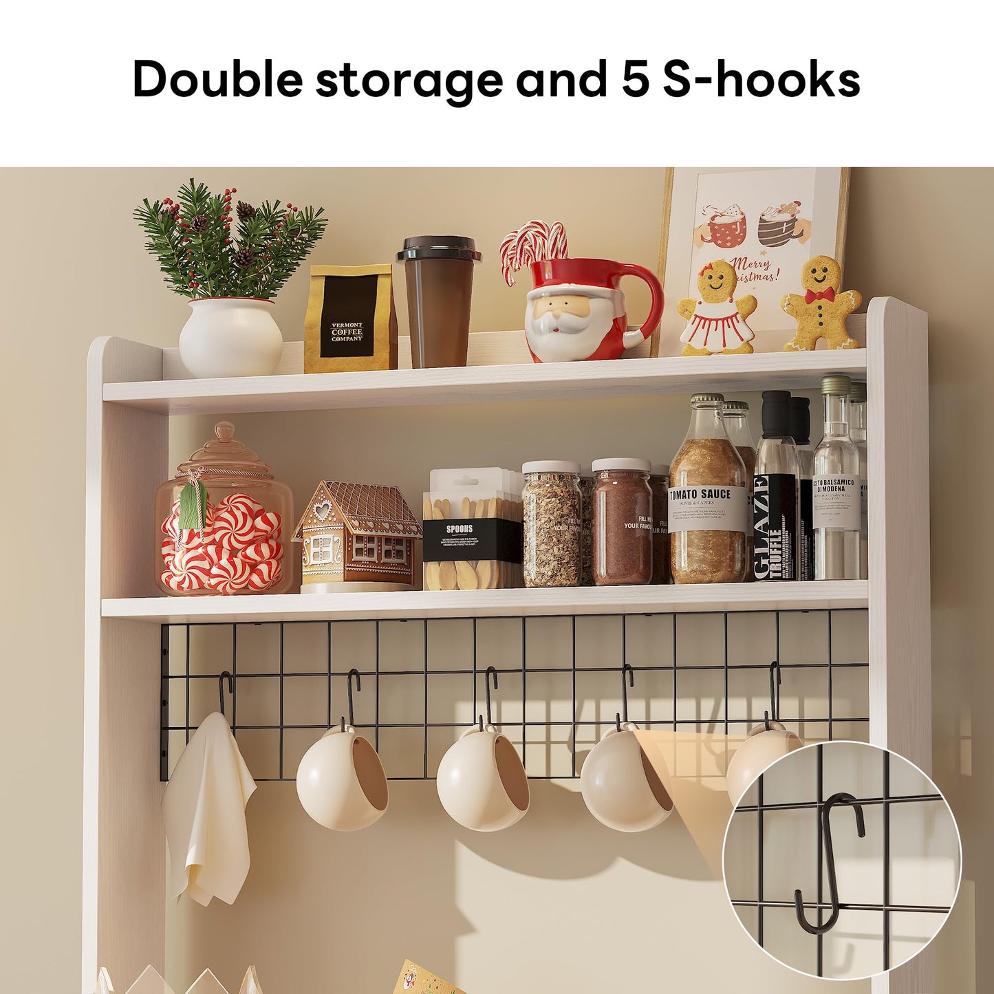 LIKIMIO Baker Rack with Spill-Safe Power Outlet & Drawer, Coffee Bar Cabinet with Storage, Farmhouse Microwave Stand with Hutch and 5 Hooks for Kitchen, White