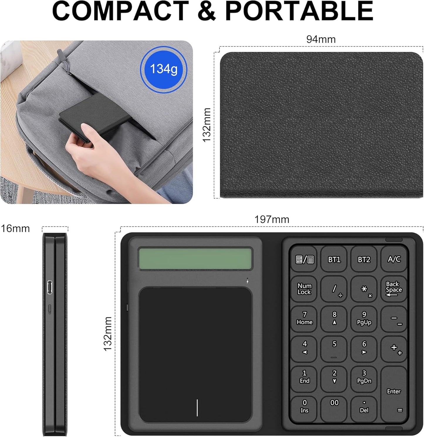 Tioleje 23-Keys, 3 1 Bluetooth Number Pad Touchpad with Calculator - Rechargeable Folding Portable Wireless Numeric