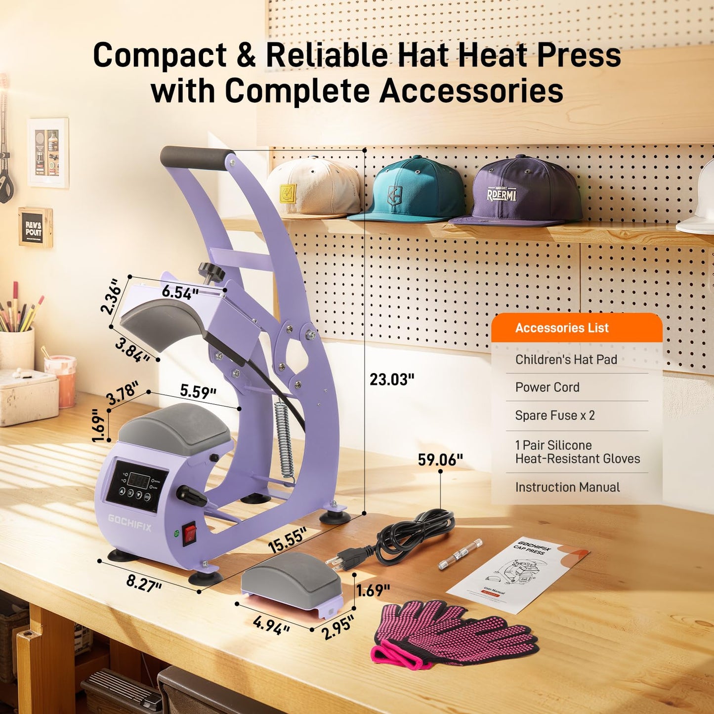 GOCHIFIX Heat Press, Precise Temp/Timer Control, 6.54"x3.84"Curved Heat Plate, 2 Hat Pad, Hat Stretcher, Safety Base, Glove, Hat Press Heat Machine for Caps, Sublimation, Vinyl, Heat Transfer