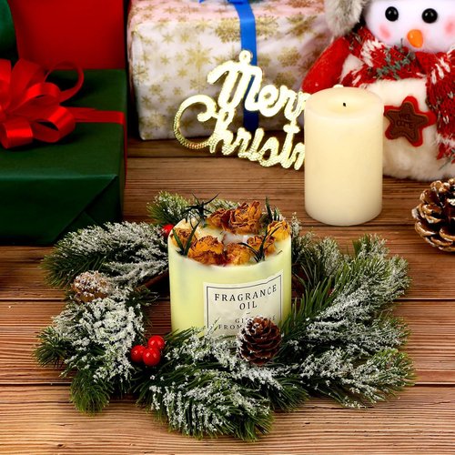 Jansun Christmas Candle Rings - 4 Pcs Red Berries & Pine Needles Mini Wreaths for Holiday Decor