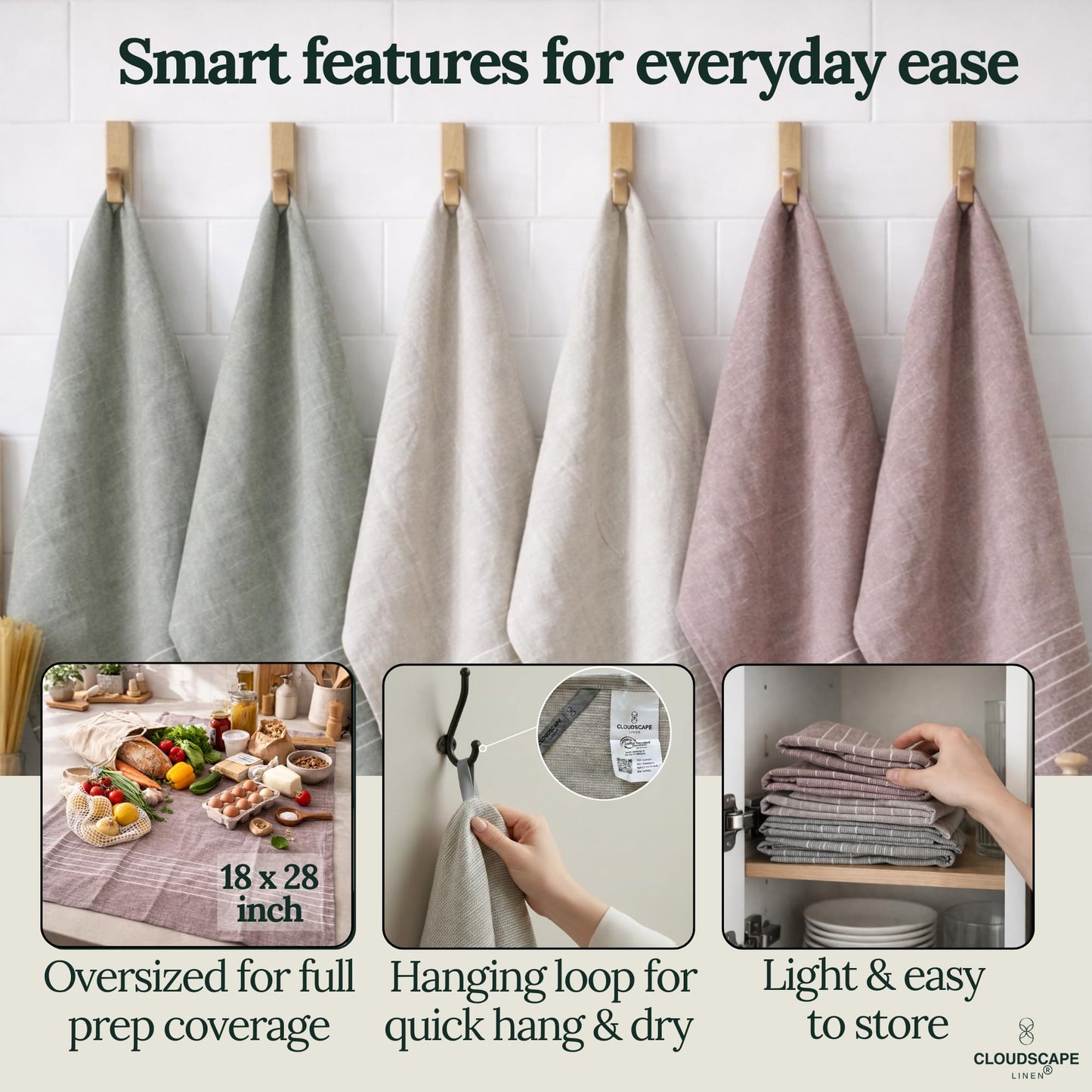 CLOUDSCAPE Kitchen Towels, Set of 6, Premium Cotton Dish Towels for Kitchen, 18" x 28" Oversized Hand Towel, Quick Absorbent & Drying Tea Towel with Hanging Loop -BOR