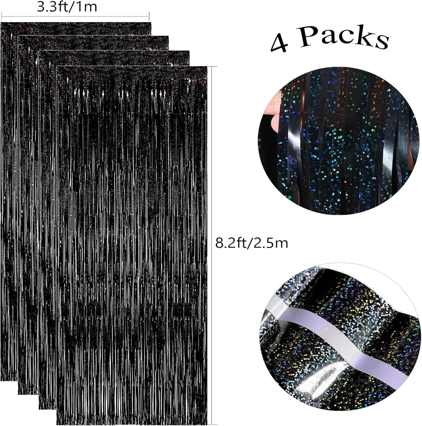 Slmeno Black Foil Fringe Curtains - 4 Pack Metallic Tinsel Backdrop | 3.3x8.2ft Party Decorations for Events