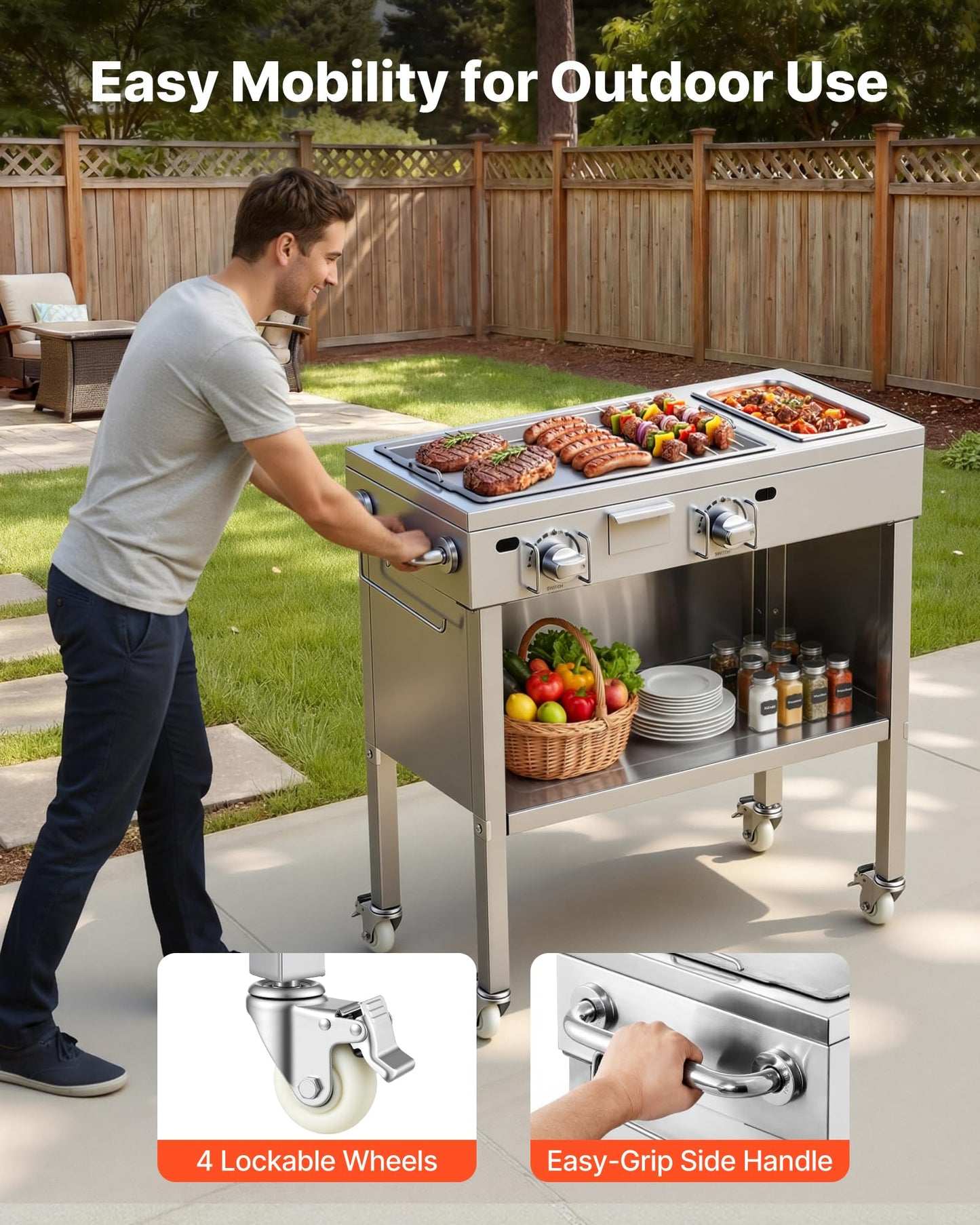 VEVOR Outdoor Propane Griddle, 2 Burners (11,600 BTU Each), Commercial Stainless Steel Gas Griddle Cart with 4 Lockable Wheels, 1/3 Food Pan, Easy-Grip Side Handle, Ideal for Hot Dogs, Burgers & Meats