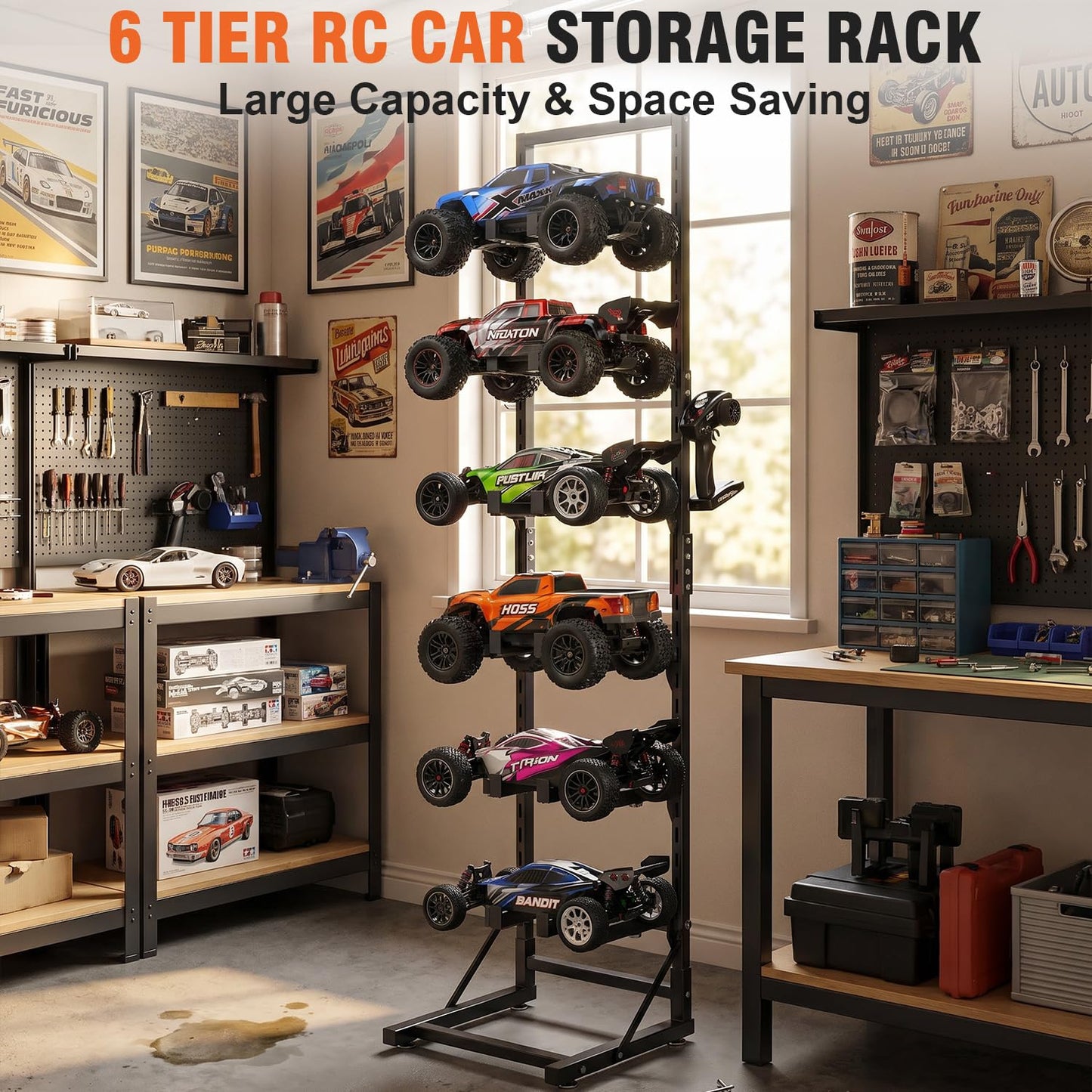 Jasdego 6-Tier RC Car Storage Rack, Adjustable Width & Height RC Car Display Stand for 1/6 1/10 1/12 1/18 1/24 Scale RC Cars & Trucks, Metal RC Crawler Workstation Shelf Organizer with Lockable Wheels