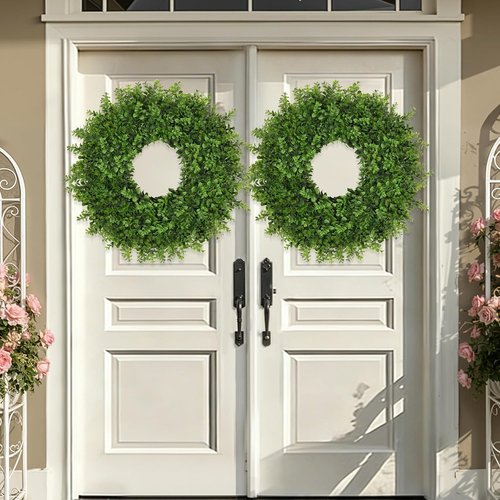 Large 26-Inch Boxwoods Wreath by [Brand Name] - Artificial Green Leaves for Year-Round Home Decor