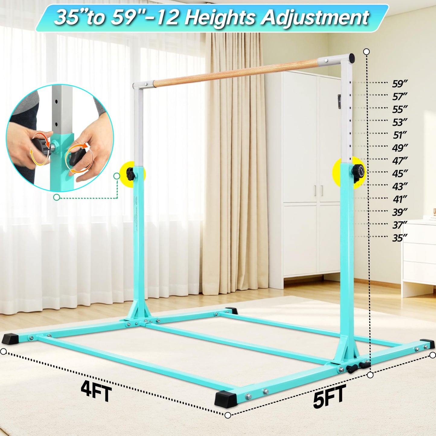 Seliyoo Foldable Gymnastics Bar for Kids Teens Ages 3-18, 5FT/6FT Kip Training Bar -Sturdy Base for Home Training,Adjustable Height 35" to 59" for, 400 LBS Capacity,Anti-Slip Base & Easy Assembly