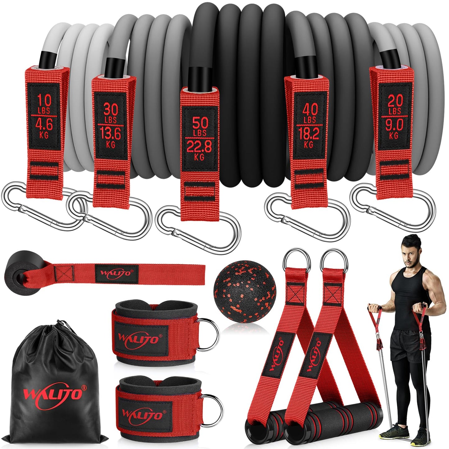 WALITO Resistance Bands Set - Exercise Bands with Handles, Door Anchor, Legs Ankle Straps, for Heavy Resistance Training, Physical Therapy, Muscle Training, Yoga, Home Workouts, Gym (Red 150Lbs)