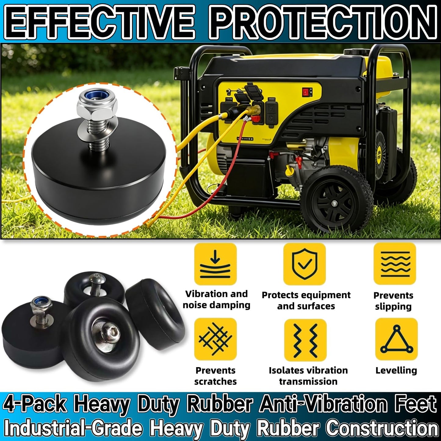 4-Pack Heavy Duty Rubber Anti-Vibration Feet &Rubber Bumpers - 1" x 2.5" Shock Absorbing Pads with Screw Kits for Generators,Pressure Washers,Air Compressors,Pumps,Trailer Ramp Door Bumpers
