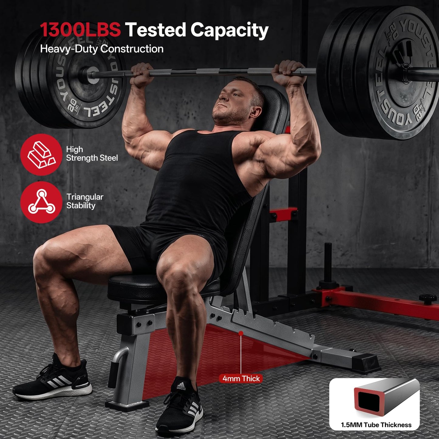 JOROTO Adjustable Weight Bench - 1300LBS Heavy Duty Workout Bench for Strength Training, Decline/Flat/Incline Bench Press with 34" Extra-Long Backrest & Wheels for Full Body Exercise, Grey
