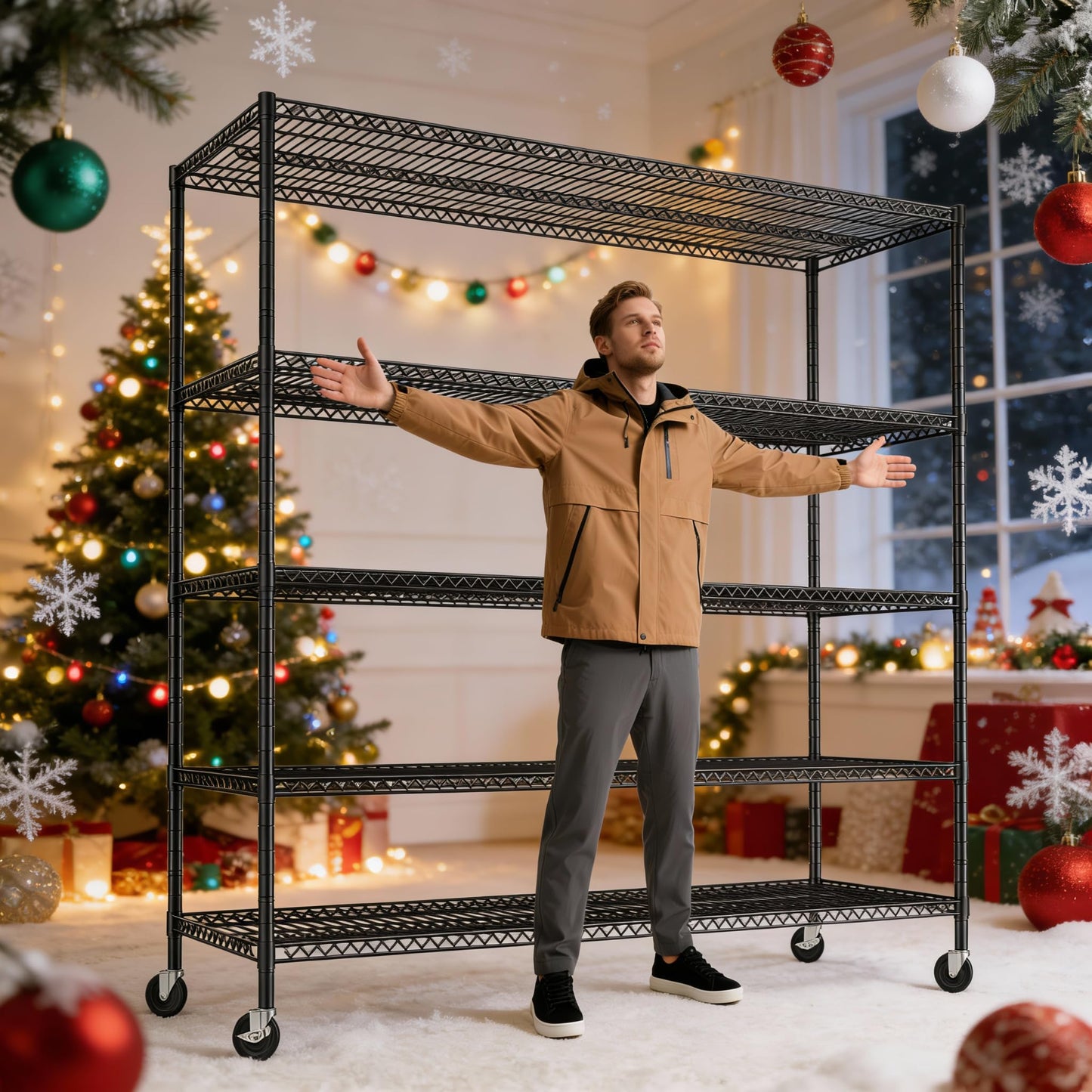 REIBII 85.7"H Garage Shelving 2998LBS Storage Shelves with Wheels&Feet,5 Tier Garage Shelves Heavy Duty Adjustable Wire Shelving for Basement Commercial Industrial Pantry, 85.7"H X 55.5"W X 24.2"D