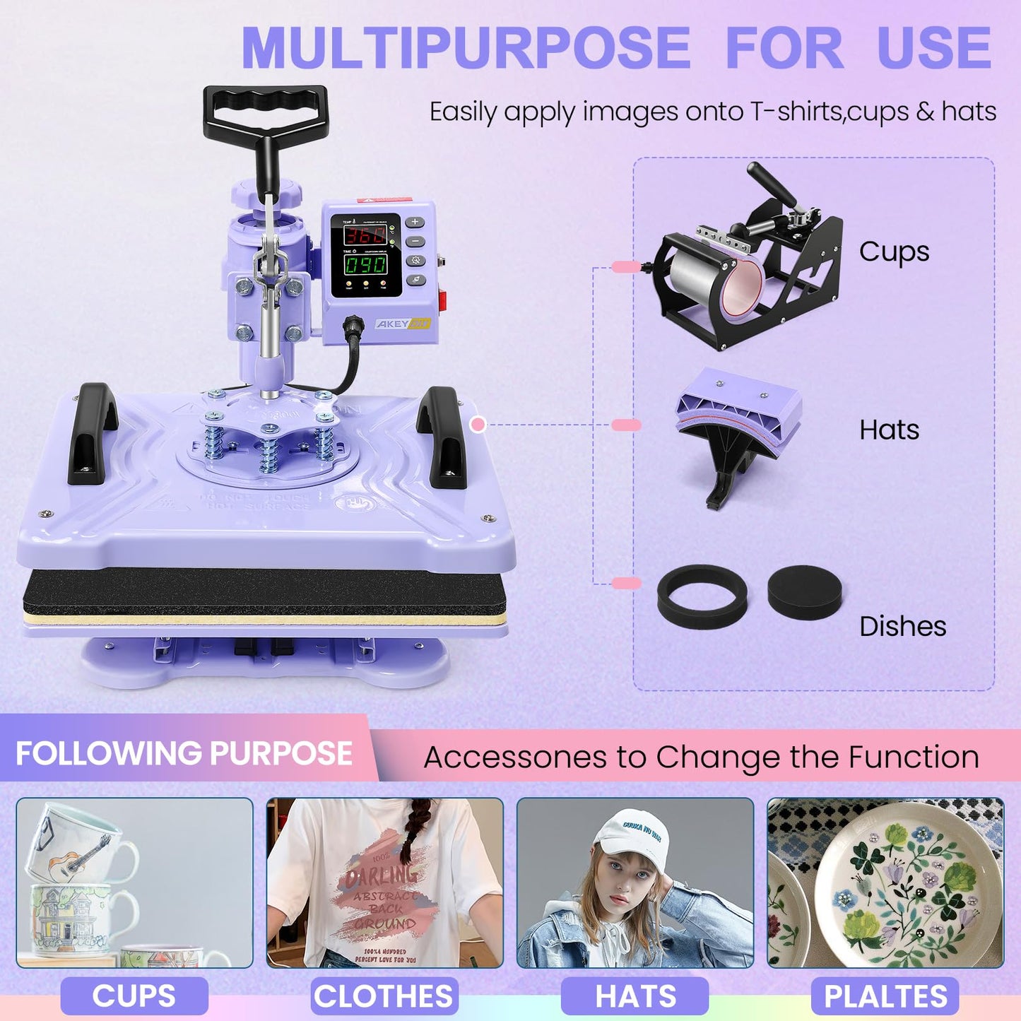AKEYDIY Upgraded 8 in 1 Heat Press Machine for Tshirts 12X15 Inch, 360° Swing Away Shirt Press Machine for Sublimation, Multifunctional Heat Transfer Machine Combo for Shirts (Purple-8 in 1)