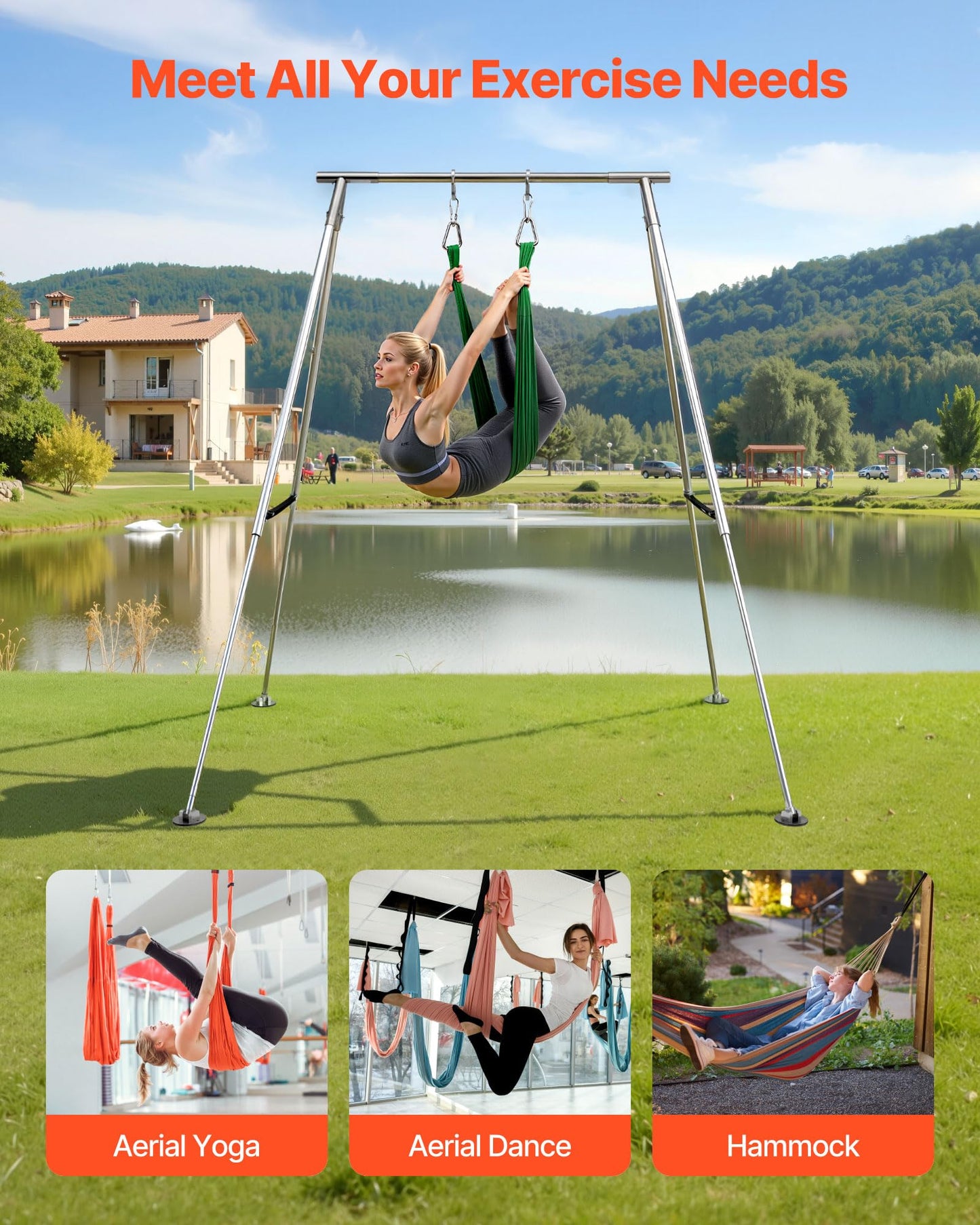 VEVOR Adjustable Yoga Aerial Rig, Aerial Silk Stands with Height Adjustable 5-11FT, Portable Stainless Steel Rig& Aluminum Frame Legs, Fit with Hoops/Lyra/Silks/Hammock