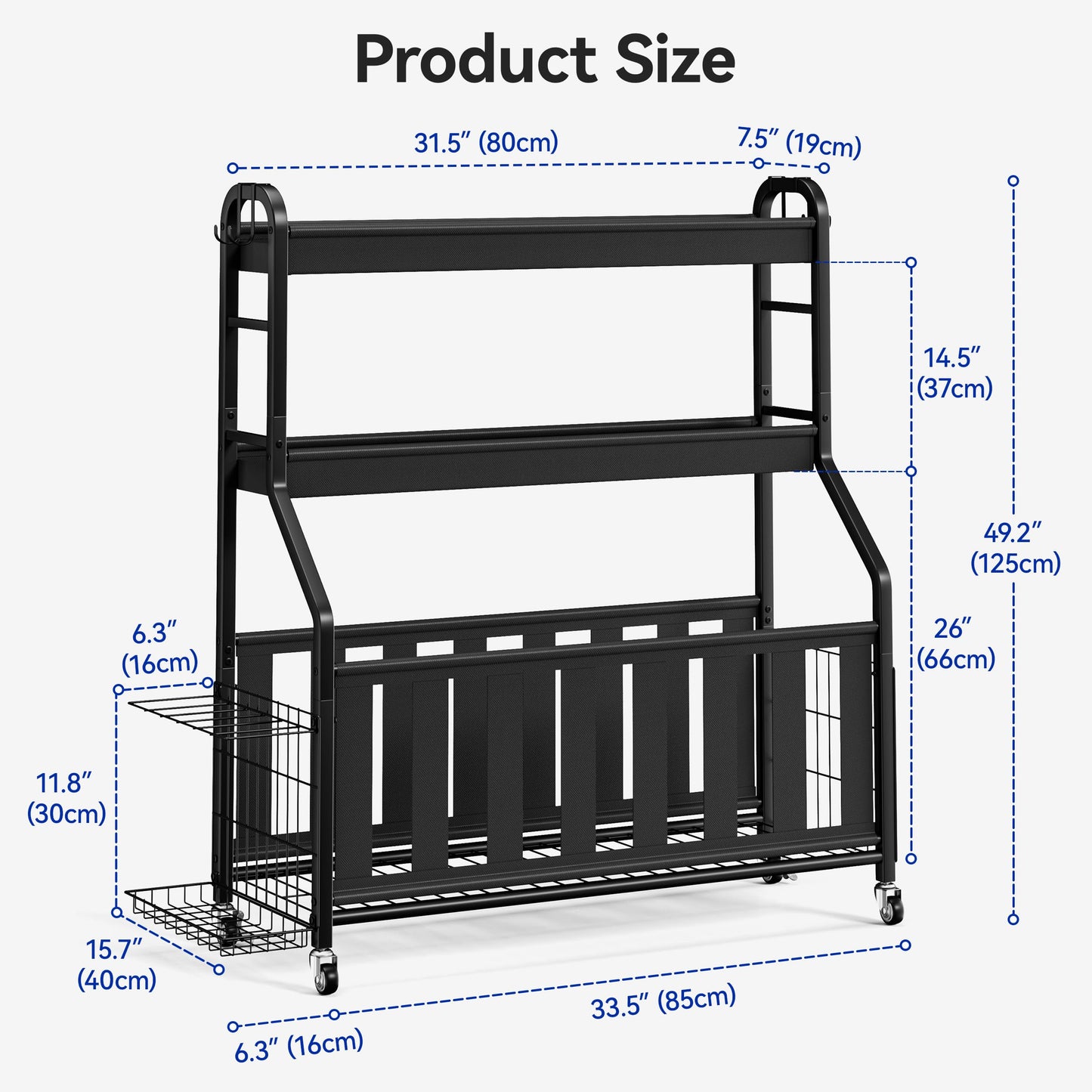 Keepmisc Sports Equipment Organizer, Rolling Ball Storage Cart with Locking Wheels, Hooks & Bat Rack