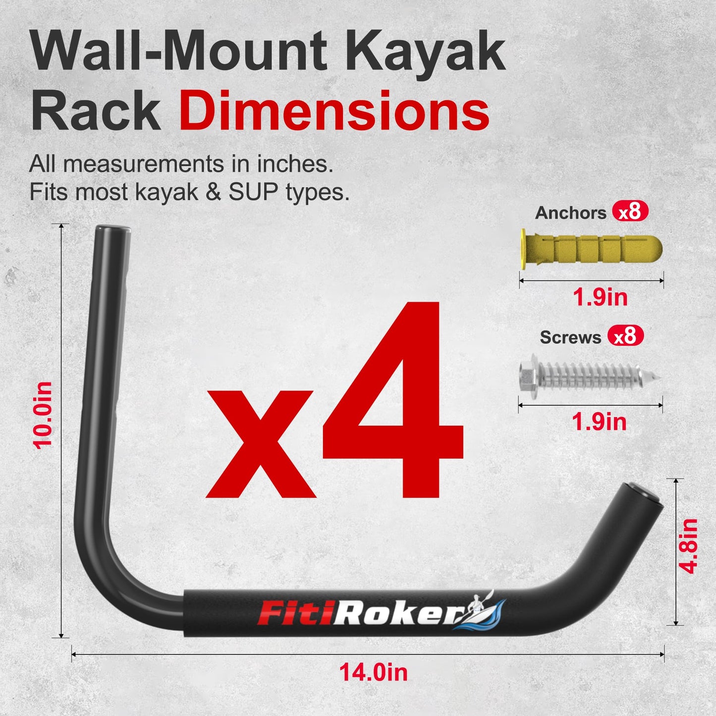 FitiRoker Kayak Storage Rack – 100LB Wall Mounted Kayak Hook with EVA Padding | Kayak Wall Mount & Kayak Rack for Garage | Garage Storage Hooks for Canoes, Paddle Boards, Ladders, Bikes (Round Tube)
