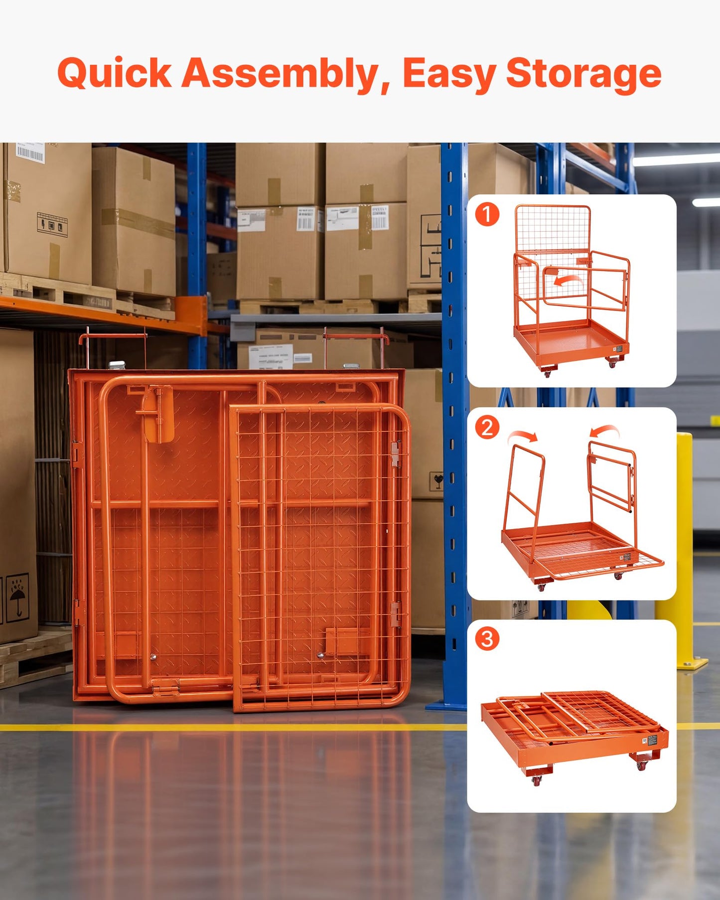 VEVOR Forklift Man Basket, 36.2 x 41.1 Inch Forklift Safety Cage with 4 Wheels, 1200 lbs Capacity, Heavy Duty Work Platform Collapsible Lift Basket, Safety Harness, for Aerial Work Lifting Loader