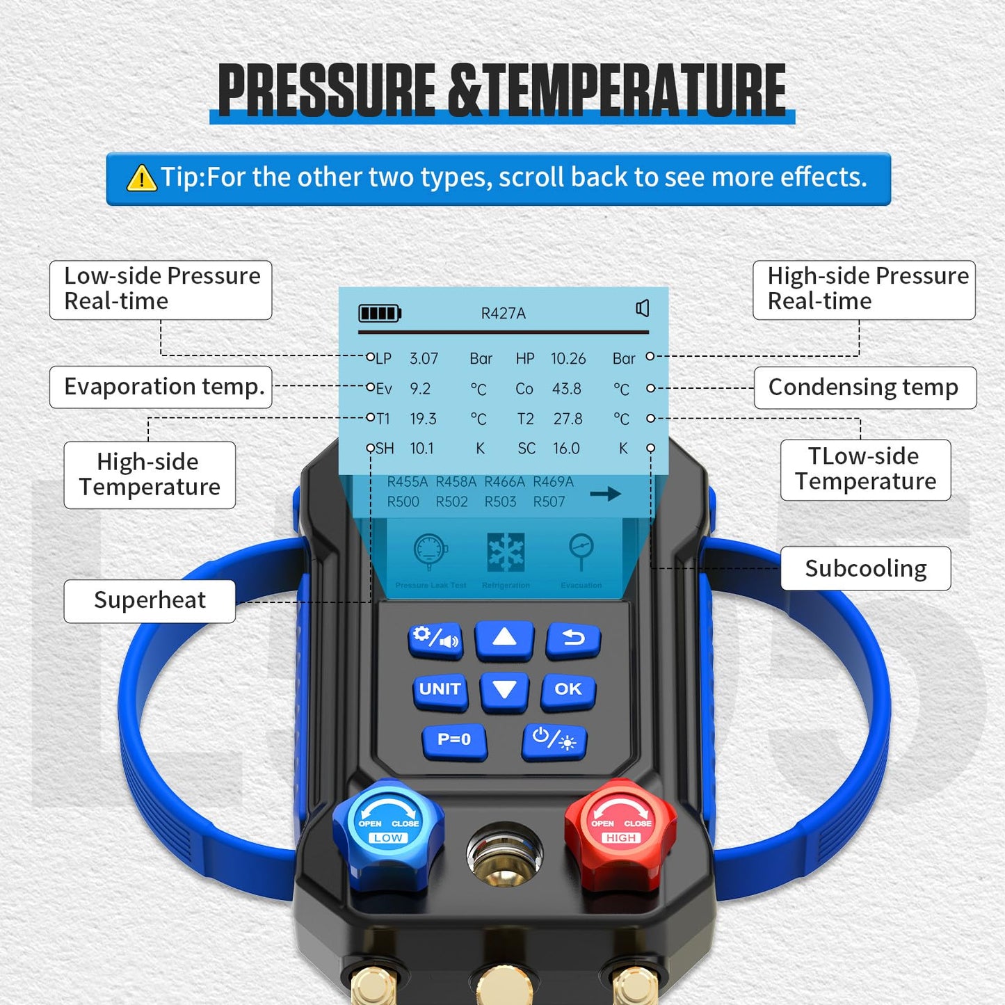 R454B R134A Digital Manifold HVAC Gauge Set,95 Refrigerants Dual Pressure&Temp Test with Temperature Clips and Hoses Vacuum AC Gauges for R1234YF R134A R404A R410A R32