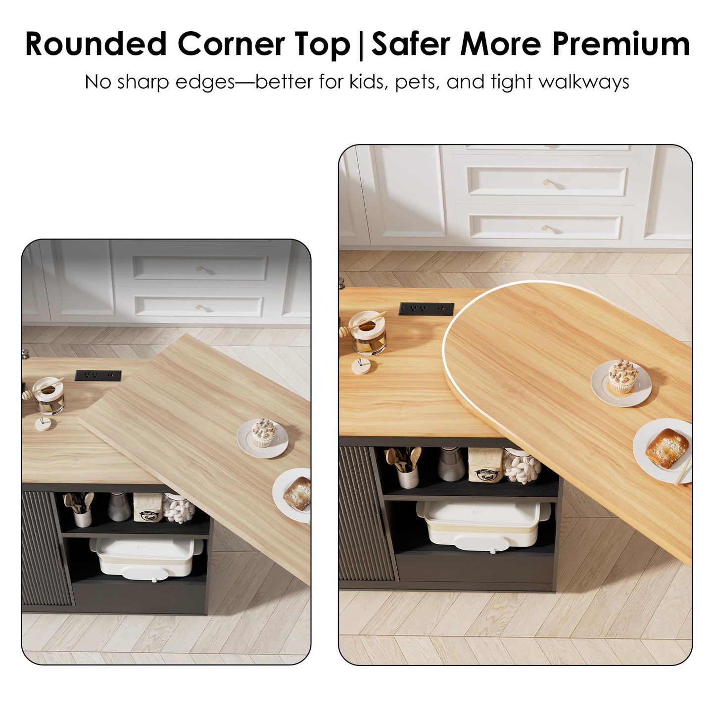 66'' Rolling Kitchen Island with 360° Swivel Tabletop Mobile Kitchen Island with Power Outlet Rotating Kitchen Islands with Storage Cabinets Wood Kitchen Island Table for Kitchen, Bar, Dining Room