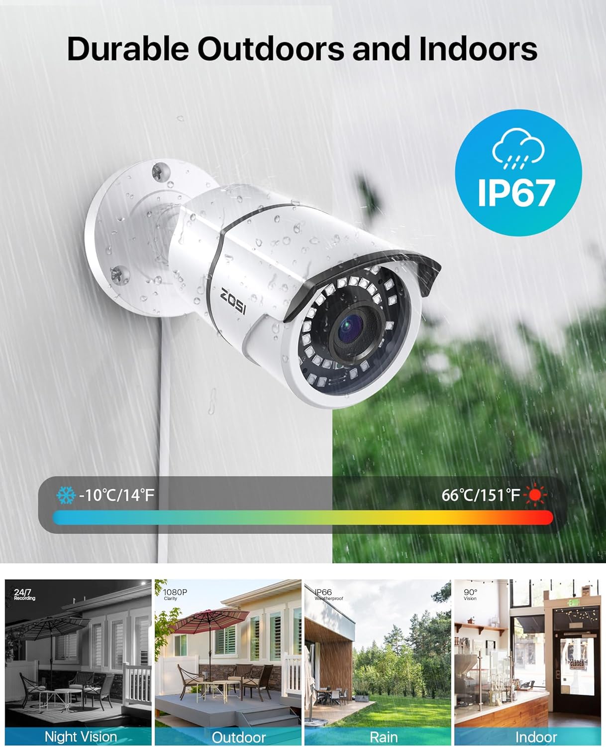 ZOSI 2MP 1080p 4-in-1 CVI/TVI/AHD/960H Security Camera Outdoor Indoor (Hybrid Analog CVBS), Night Vision, Weatherproof