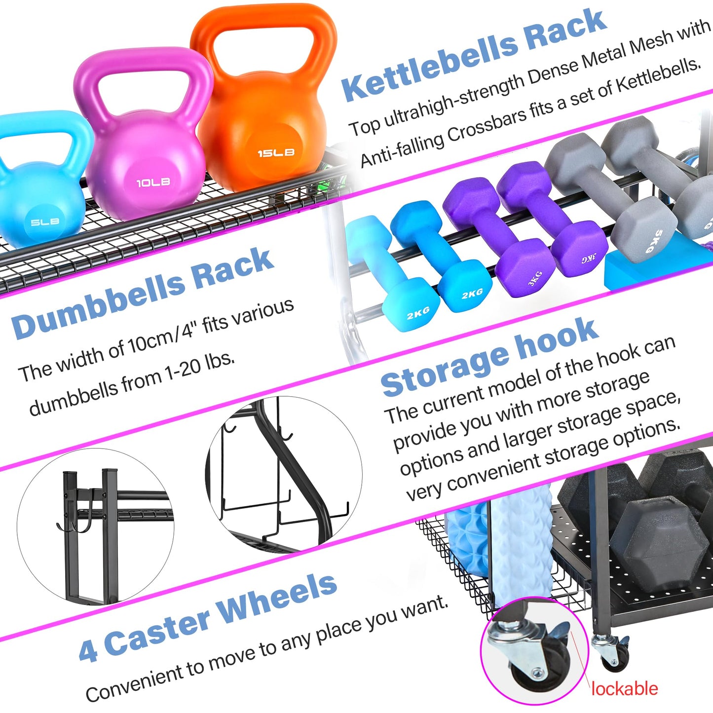 NBTORCH Dumbbell Rack - Weight Rack for Dumbbells, Home Gym Storage Rack for Yoga Mat, Dumbbells and Kettlebells, All in One Workout Equipment Storage with Caster Wheels (Hold Up to 450 Lbs)