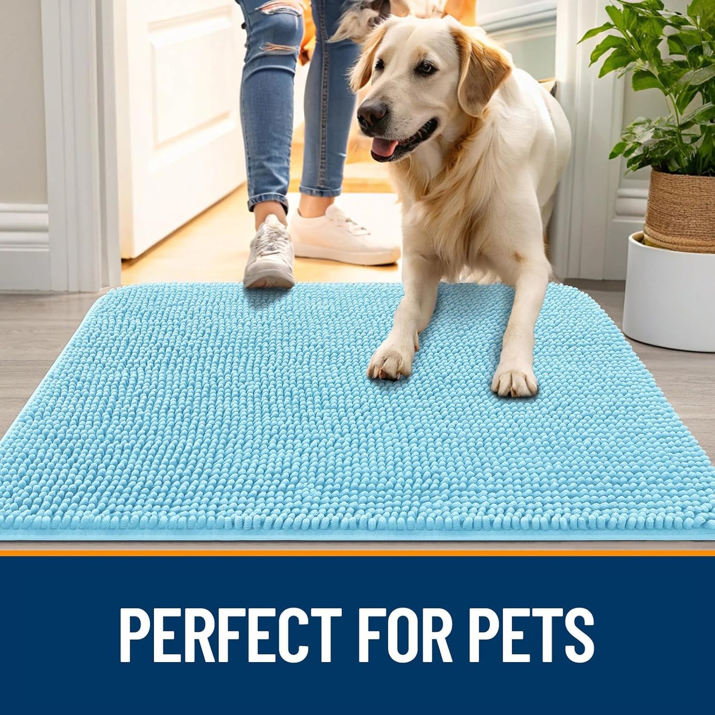 OLANLY Dog Door Mat - Absorbent Non-Slip Mud Mat for Indoor Use | Quick Dry Chenille, 32x20, Blue