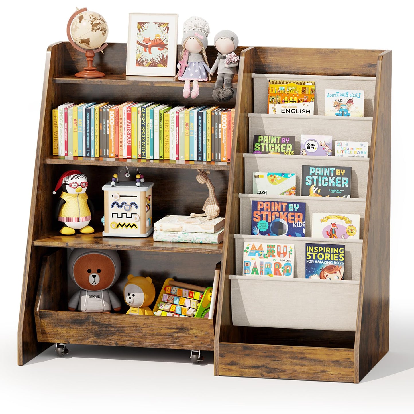 COZPAW Kids Bookshelf and Toy Storage, 4 Tier Toddler Bookshelf with Movable Drawer (Brown)