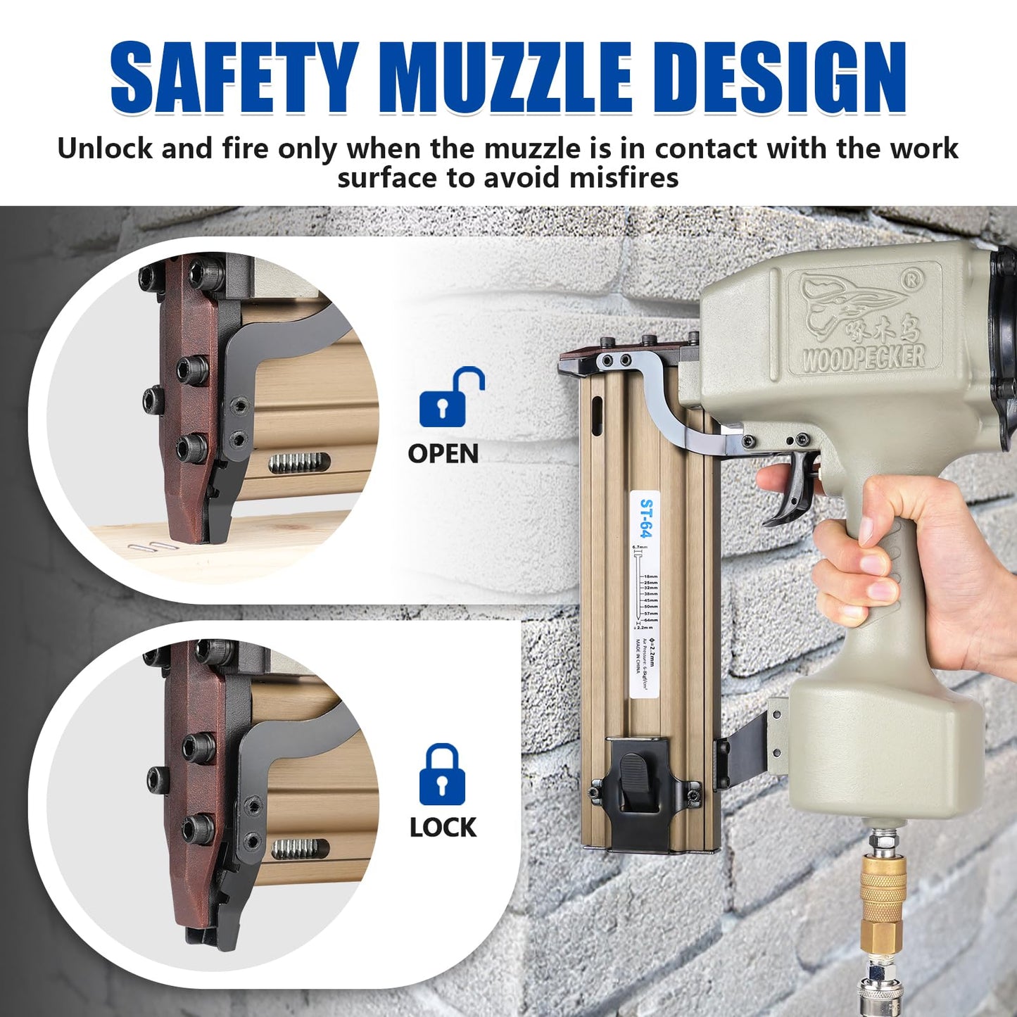 WOODPECKER ST64 Pneumatic Concrete T Nailer Kit with 2-Inch (50mm) T Nails × 800PCS