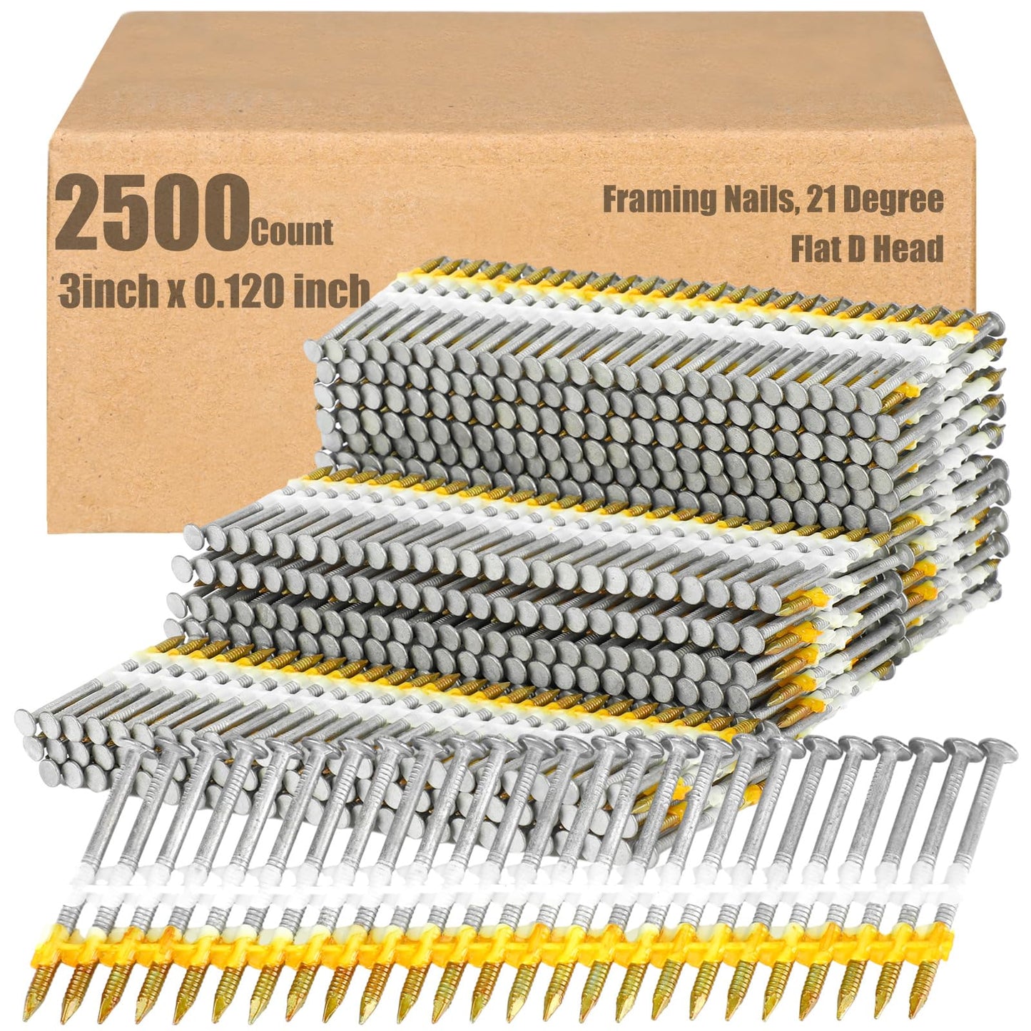 Therwen 2500 Count 3 Inch x 0.120 Inch Framing Nails, 21 Degree, Flat D Head, Galvanized, Ring Shank, Plastic Row Fixed, 21 Degree Framing Nails for Use in All Pressure Treated Lumber