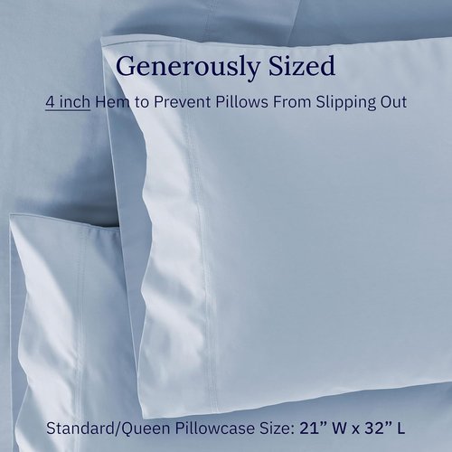 Luxuriously Soft 600 Thread Count Cotton Pillowcases - Set of 2 in Blue for Standard & Queen Pillows