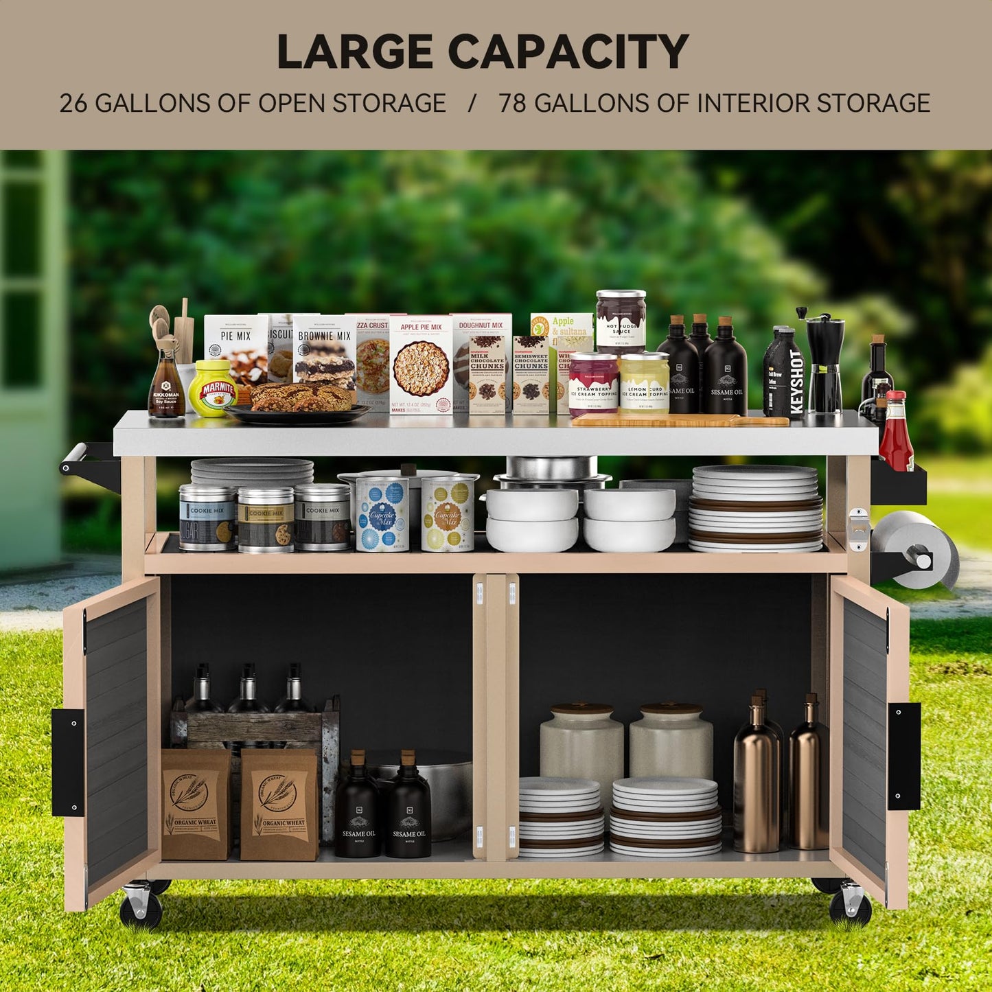 Skyflame Magnetic Hanging Trash Can and Outdoor BBQ Storage Cabinet with Wheels