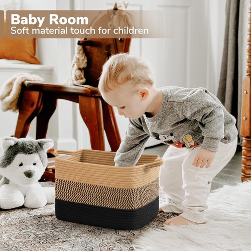 Goodpick Woven Storage Baskets - Stylish Cotton Rope Organizer for Living Room & Bedroom | 13"x10"x9" Black & Jute Dog Toy Basket with Handles