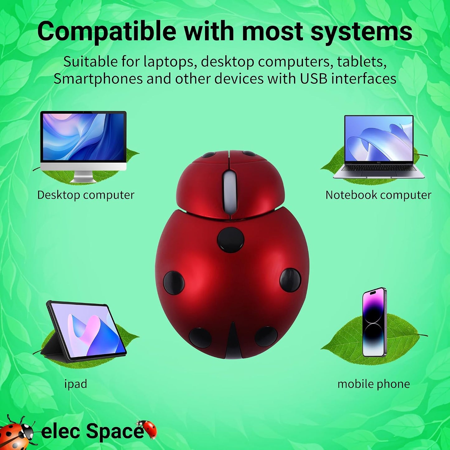 elec Space Wireless Mouse for Laptop & Kids, Cute Ladybug Shape Ergonomic Mouse with Case, Cordless for Laptop, PC, Mac