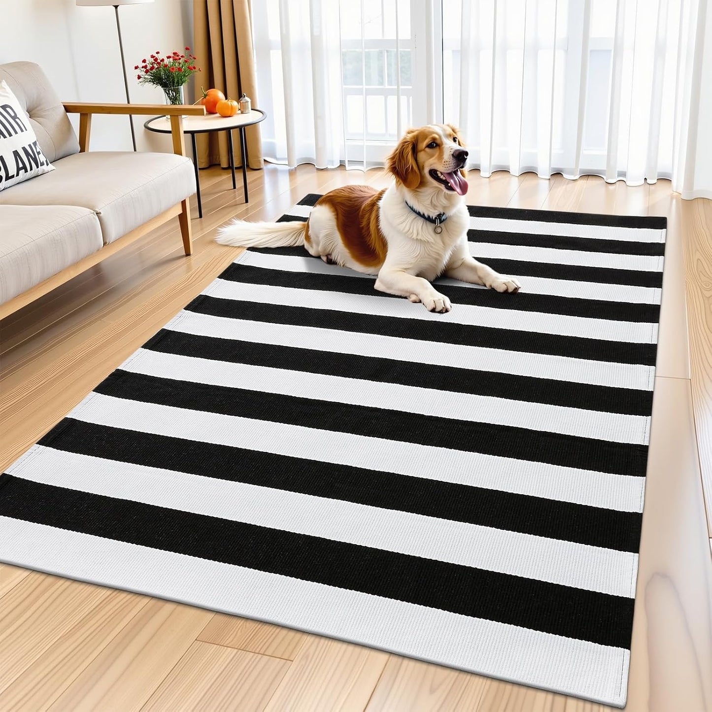 OLANLY Black And White Striped Rug - Washable Cotton Doormat 3' x 5' For Indoor/Outdoor Use