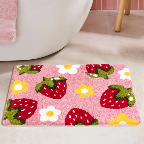 Homantic Pink Bathroom Rugs Strawberry Rug Cute Bath Mat, Girly Accessories Flower Bathmat Decor for Sink Bathtub Shower 18"x26"