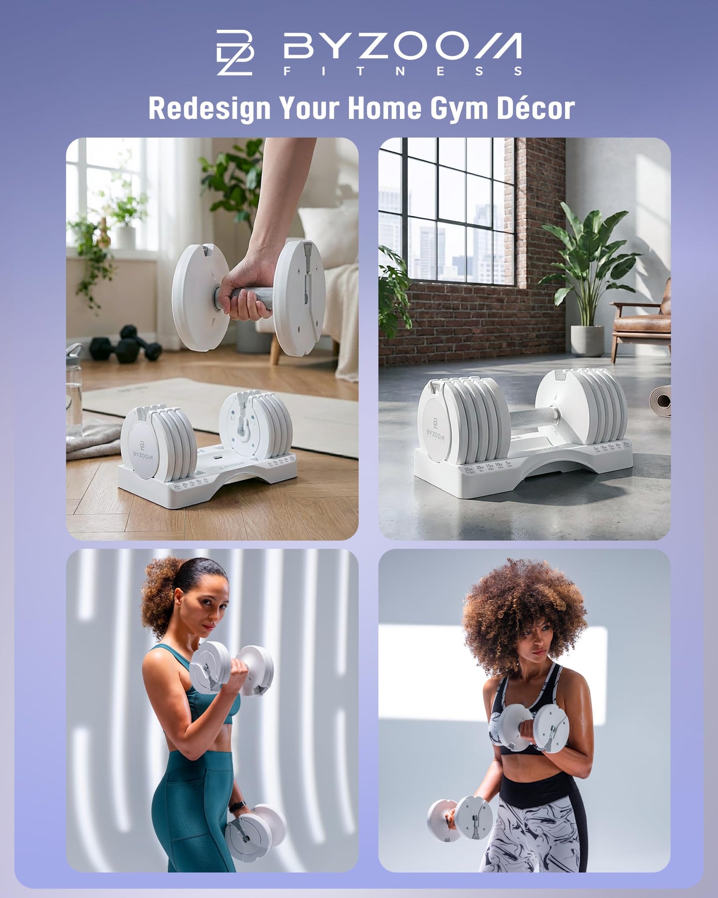 BYZOOM FITNESS Adjustable Dumbbell Set 25lb Single Unit – 5-in-1 Compact Free Weights for Home Gym, Patented Easy-Adjust Design, Sleek Aesthetic for Strength Training & Workouts, White