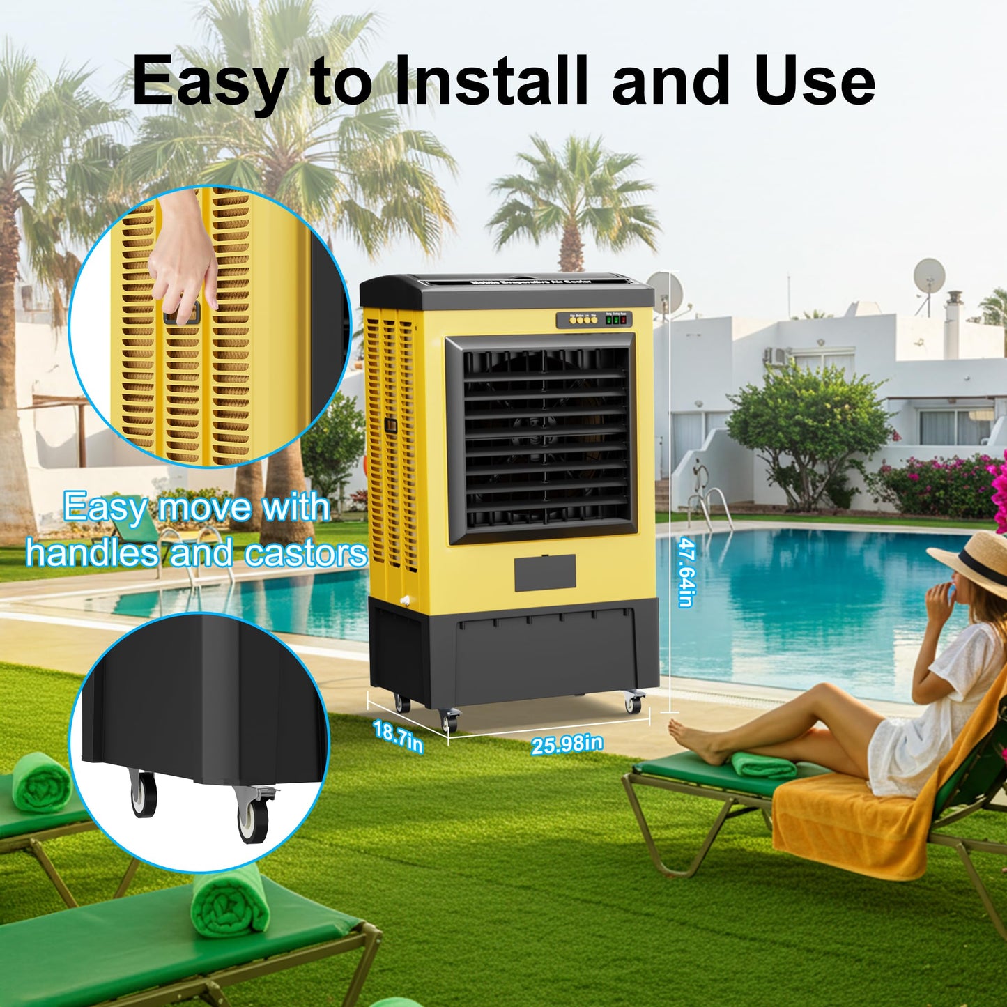 AKIRES 6500CFM Swamp Coolers,Portable Evaporative Air Cooler for 1600 Sq.ft of Space,with Continuous Auto Fill,19-Gal Water Tank,120°Oscillation,5 Ice Packs,Cooling Fan for Outdoor,Indoor Use(48IN)