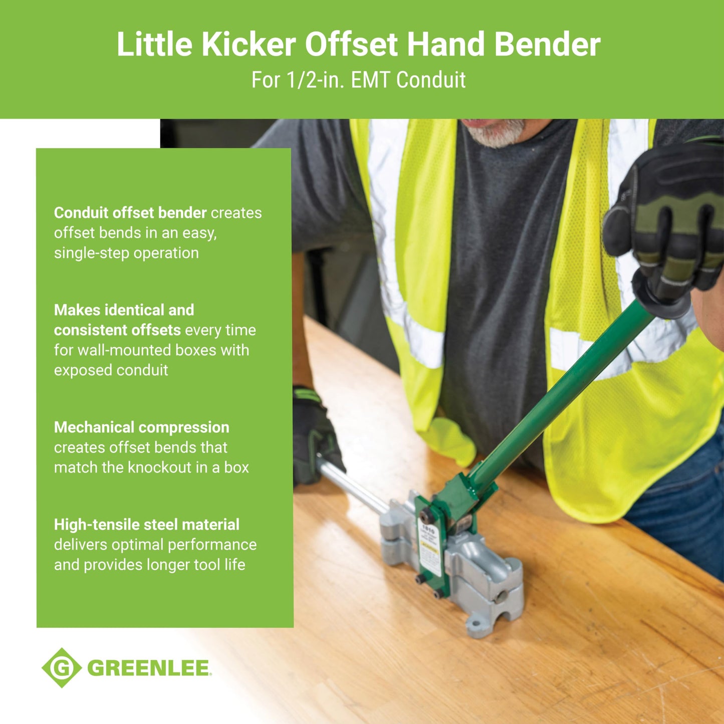 Greenlee 1810 Little Kicker Offset Hand Bender for 1/2" EMT Conduit, Silver/Green