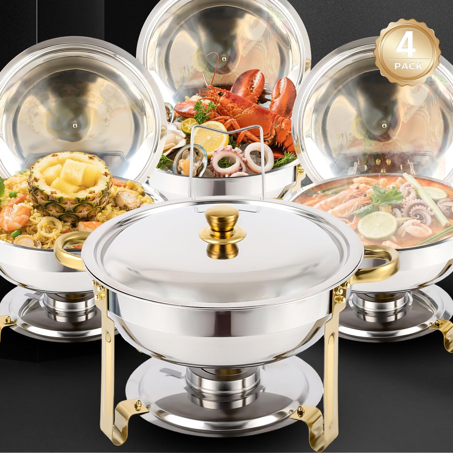 Non-Tarnish Gold Chafing Dishes for Buffet 4 Pack, 5QT Luxury Buffet Set - Scratch-Resistant & Easy-Clean Finish, Sturdy Stainless Steel Food Warmers for Catering Events and Parties