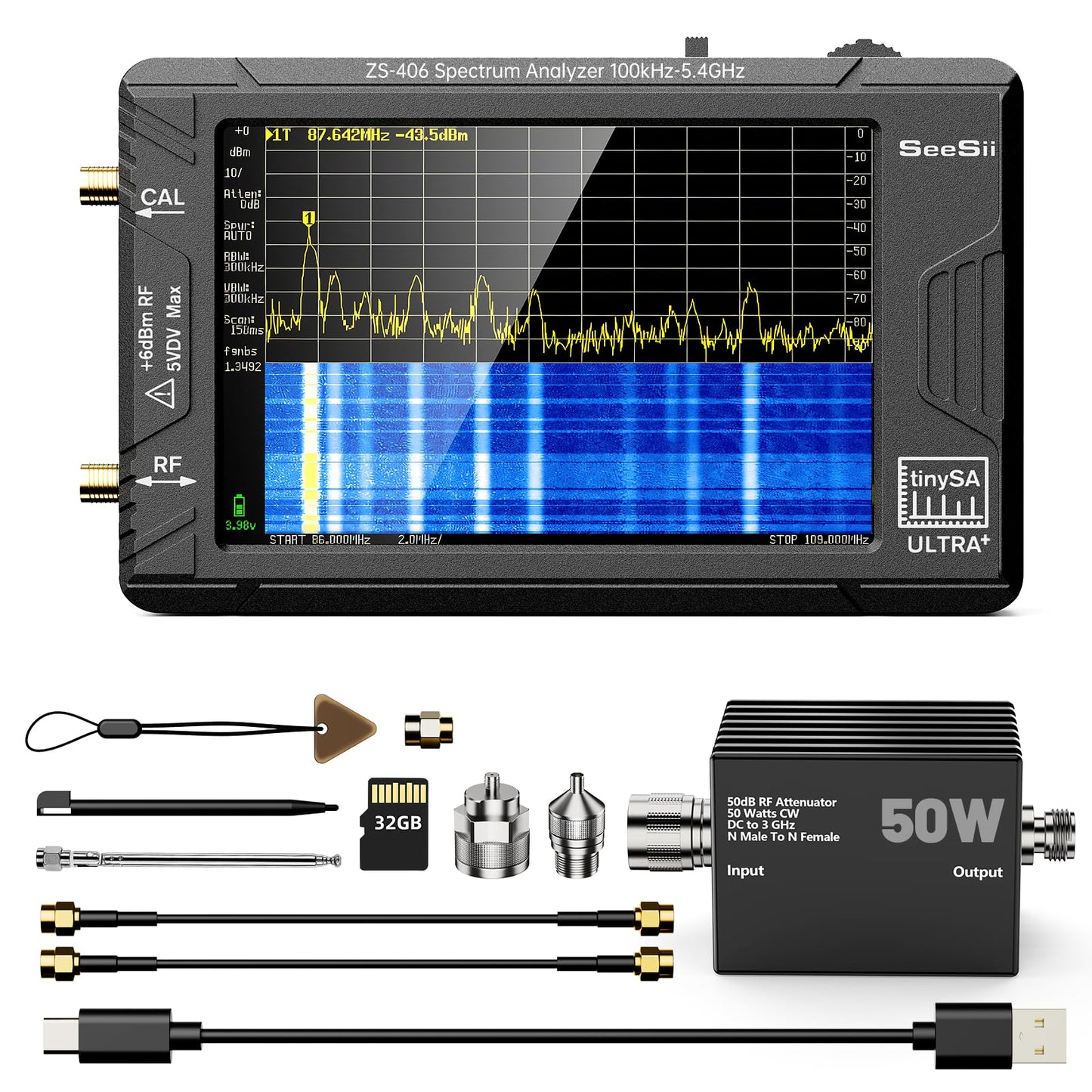 SeeSii TinySA Ultra+ ZS406 Spectrum Analyzer with 50W Attenuator, 4.0 Inch 100kHz to 5.4GHz Handheld Tiny Frequency Analyzer with 32Gb Card,100kHz to 800MHz MF/HF/VHF UHF Input, 2025 Upgraded